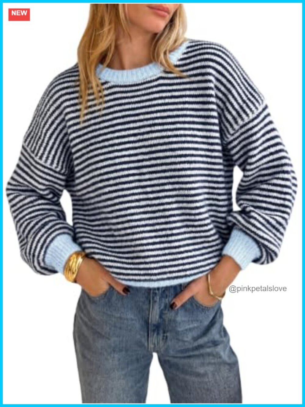 Striped Knit Pullover Sweater Loose Fit Crewneck Drop Shoulder Womens